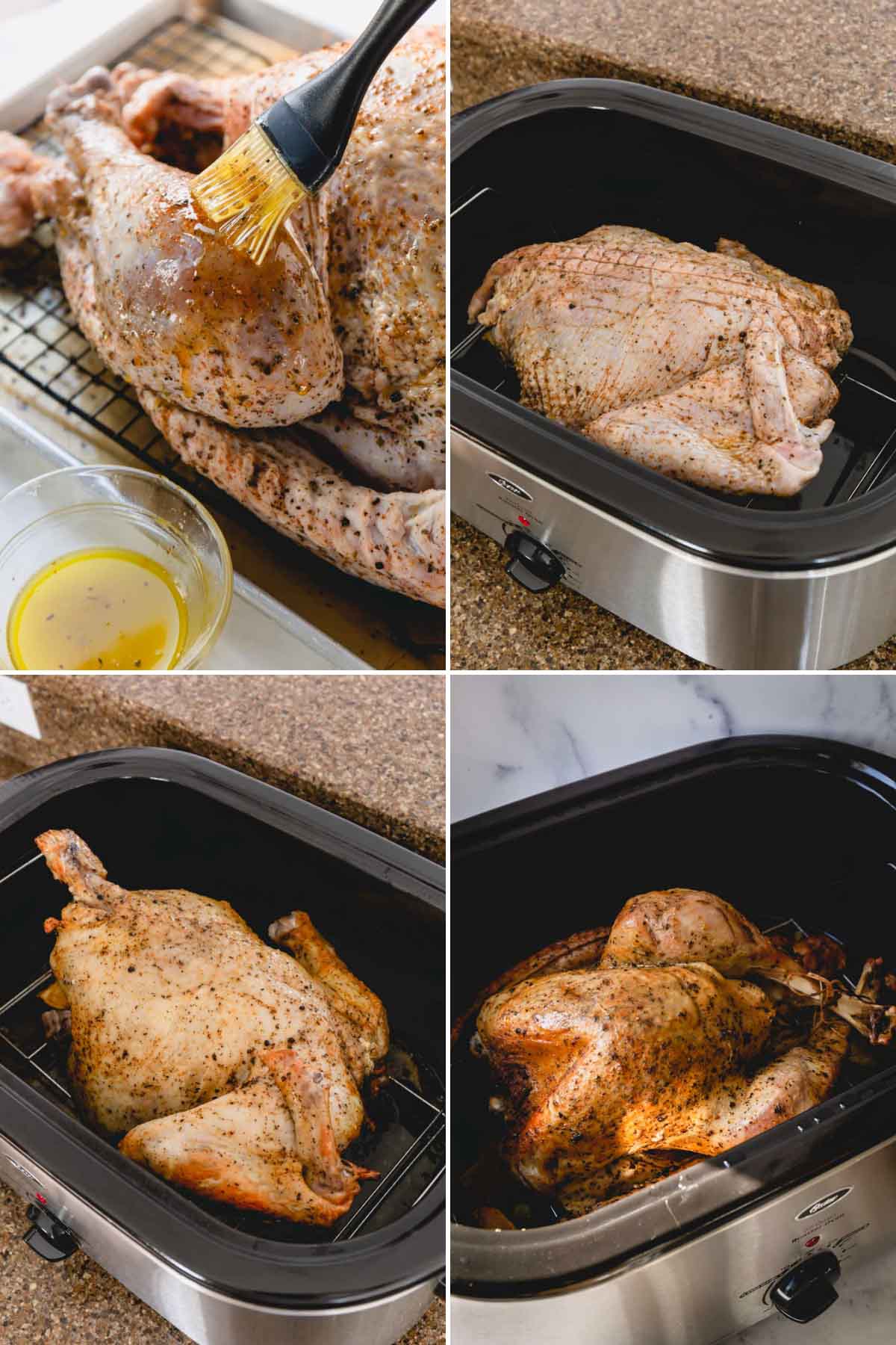 Step by step photos of roasting turkey in an electric roaster.
