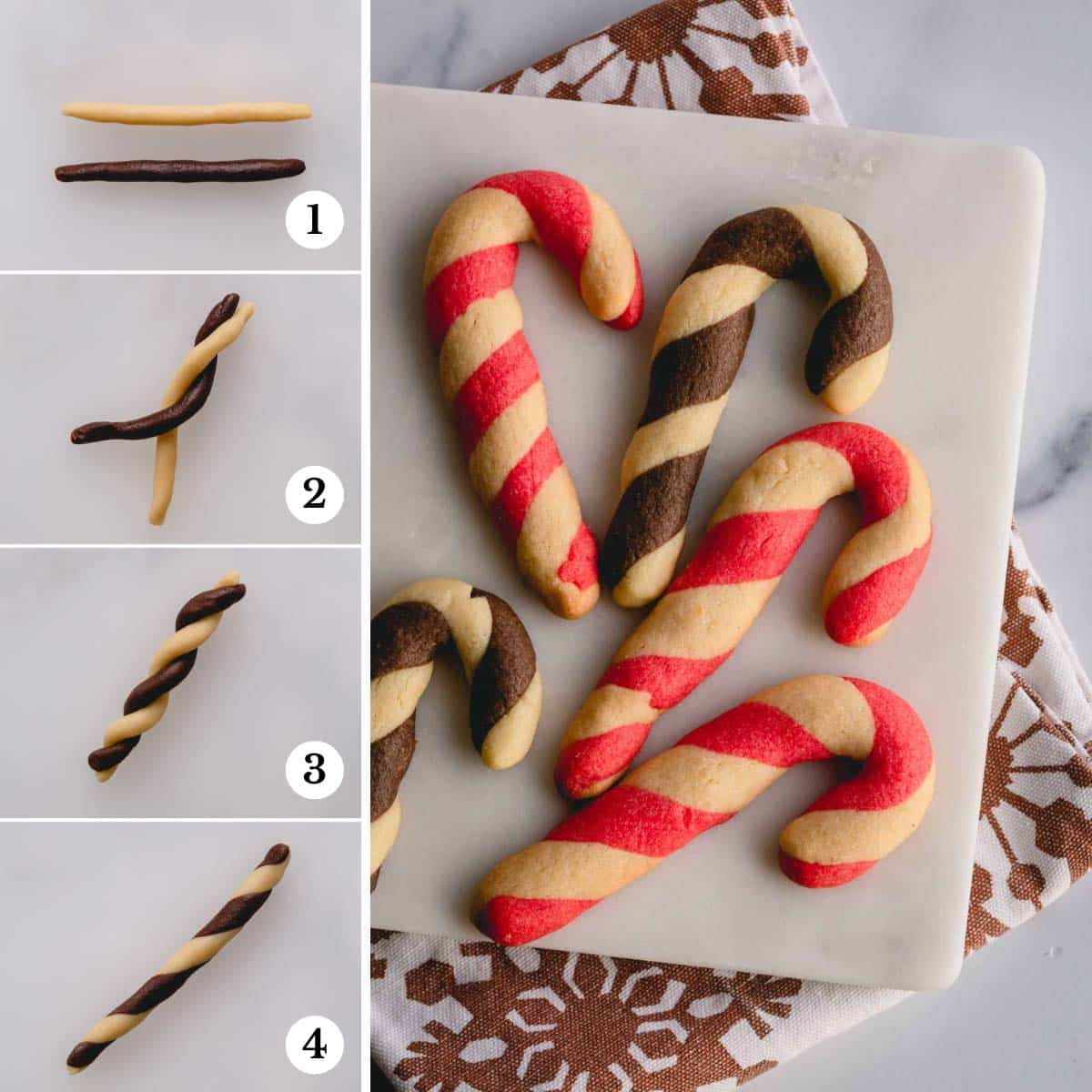 Step by step photos of making candy cane cookies with red and white and white and chocolate cookies.
