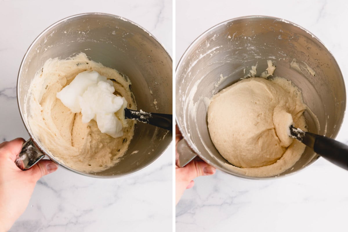 Side by side images of adding whipped eggs into the cupcake batter.
