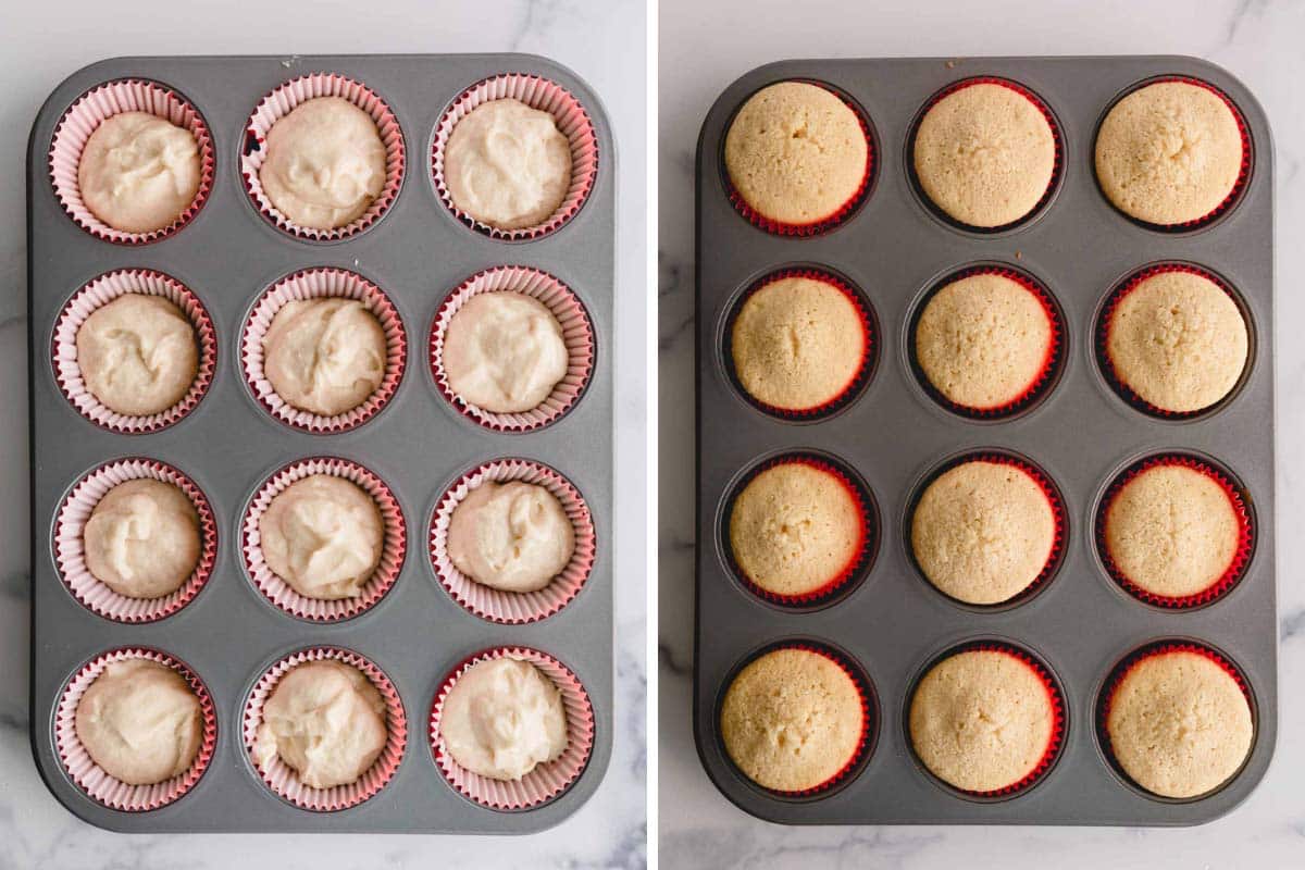 Side by side images of raw and baked cupcakes in muffin pan.