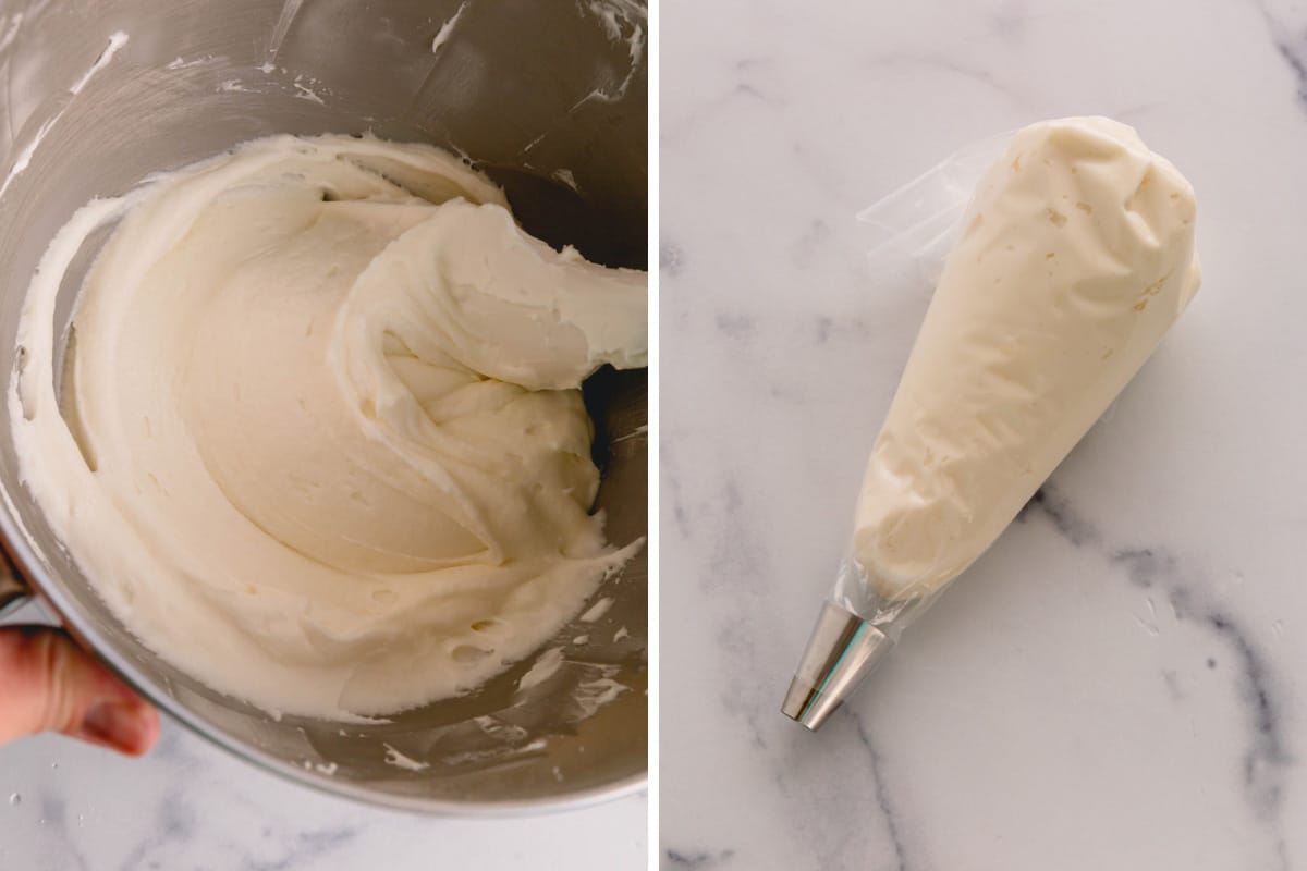 Side by side images of whipped champagne frosting and frosting in a piping bag.
