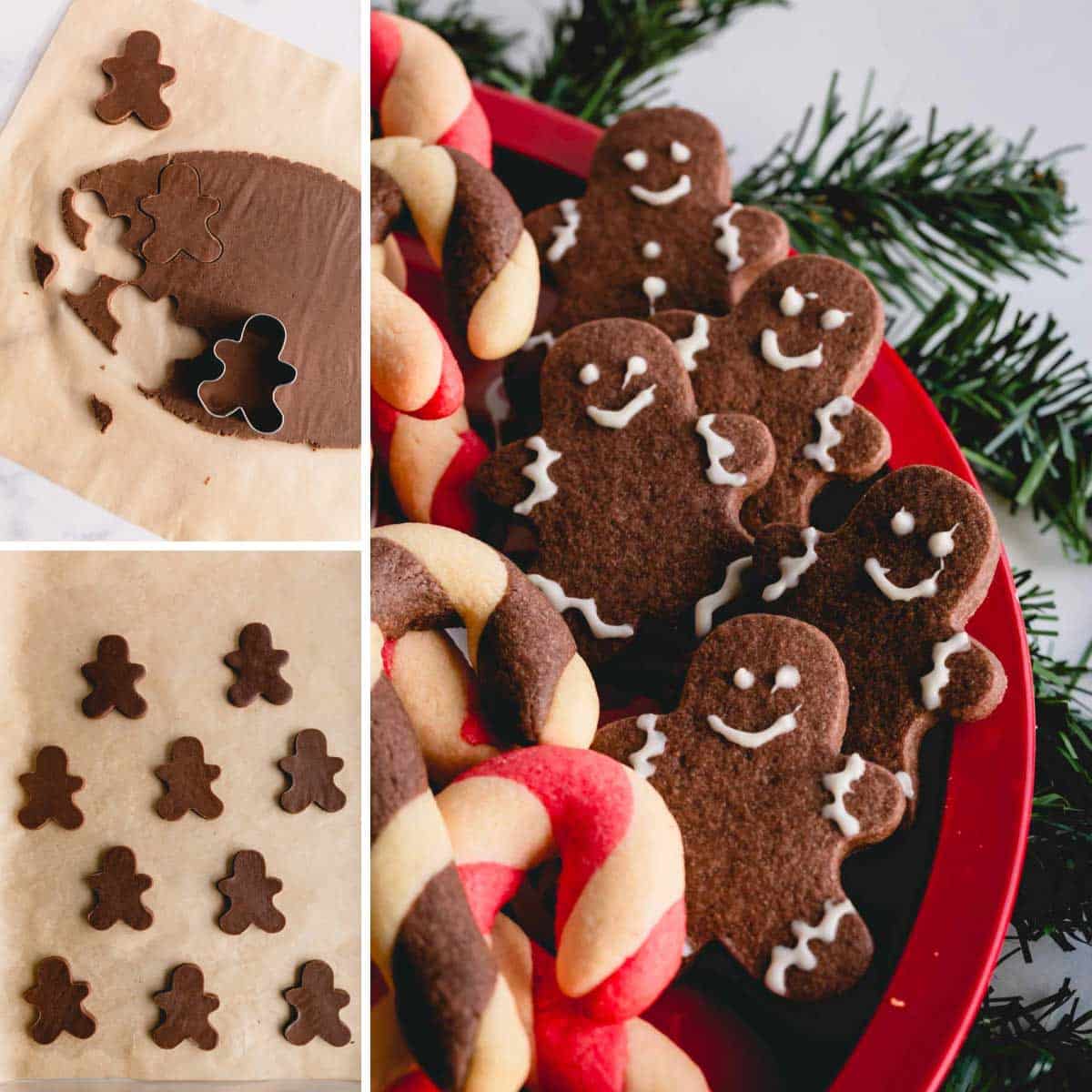 Step by step photos of making chocolate cutout cookies in gingerbread shape.