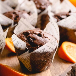 orange chocolate muffins with orange slices.