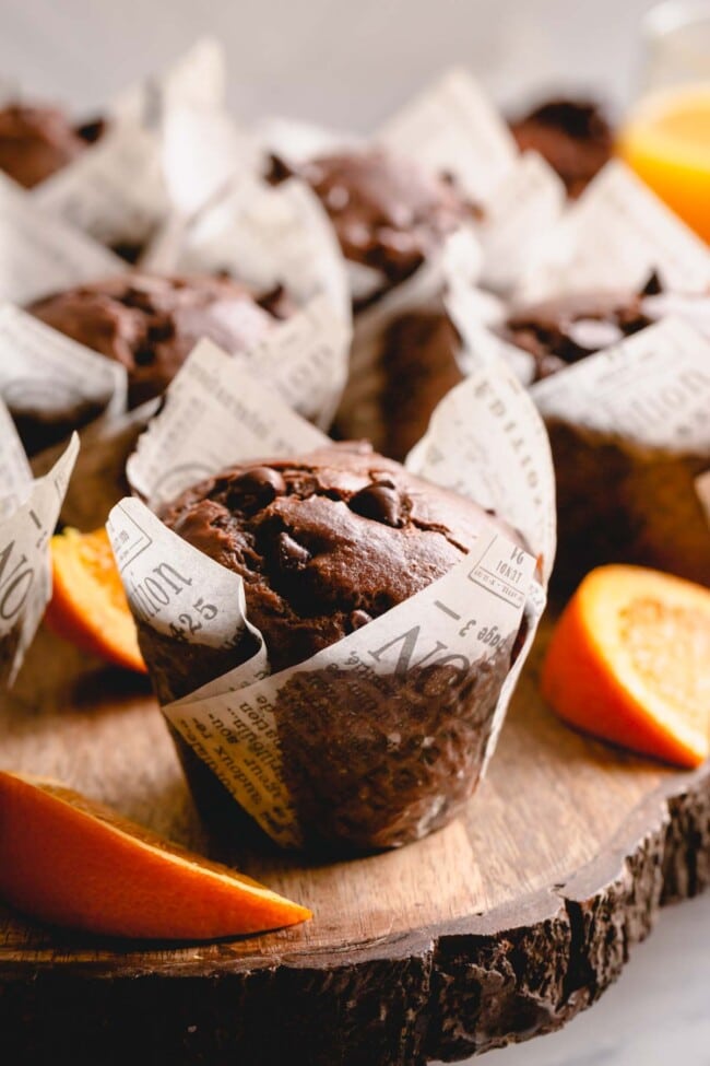 orange chocolate muffins with orange slices.