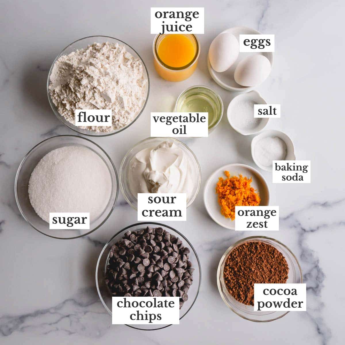 ingredients for orange chocolate muffins.