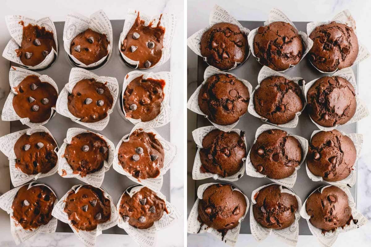 unbaked chocolate muffins, baked chocolate muffins.