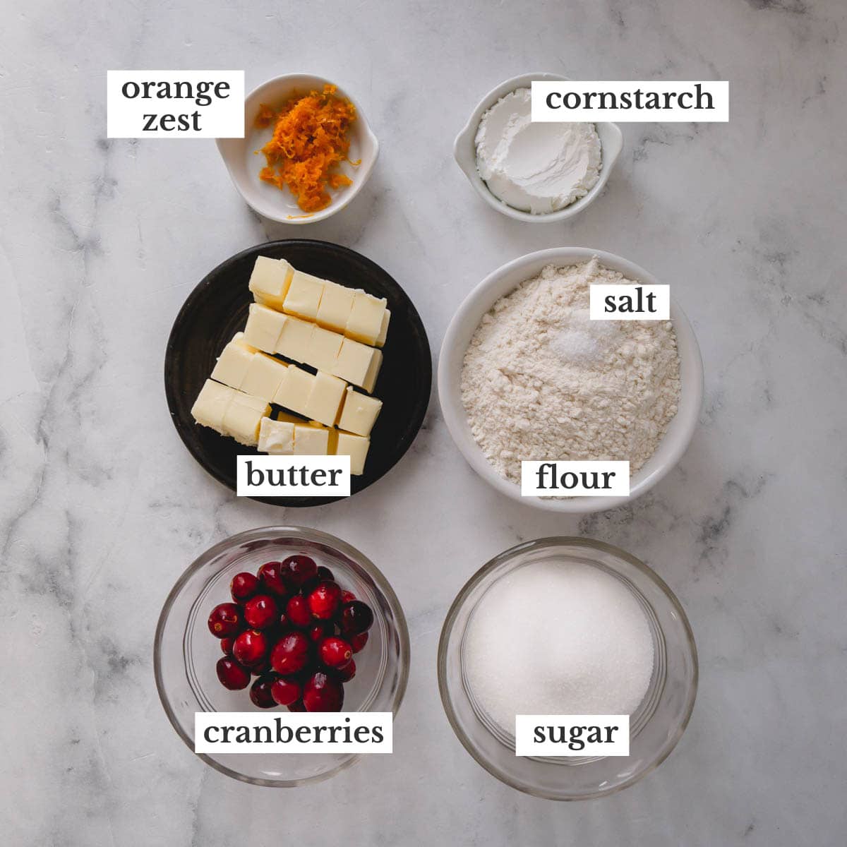 ingredients for cranberry orange shortbread cookies. 