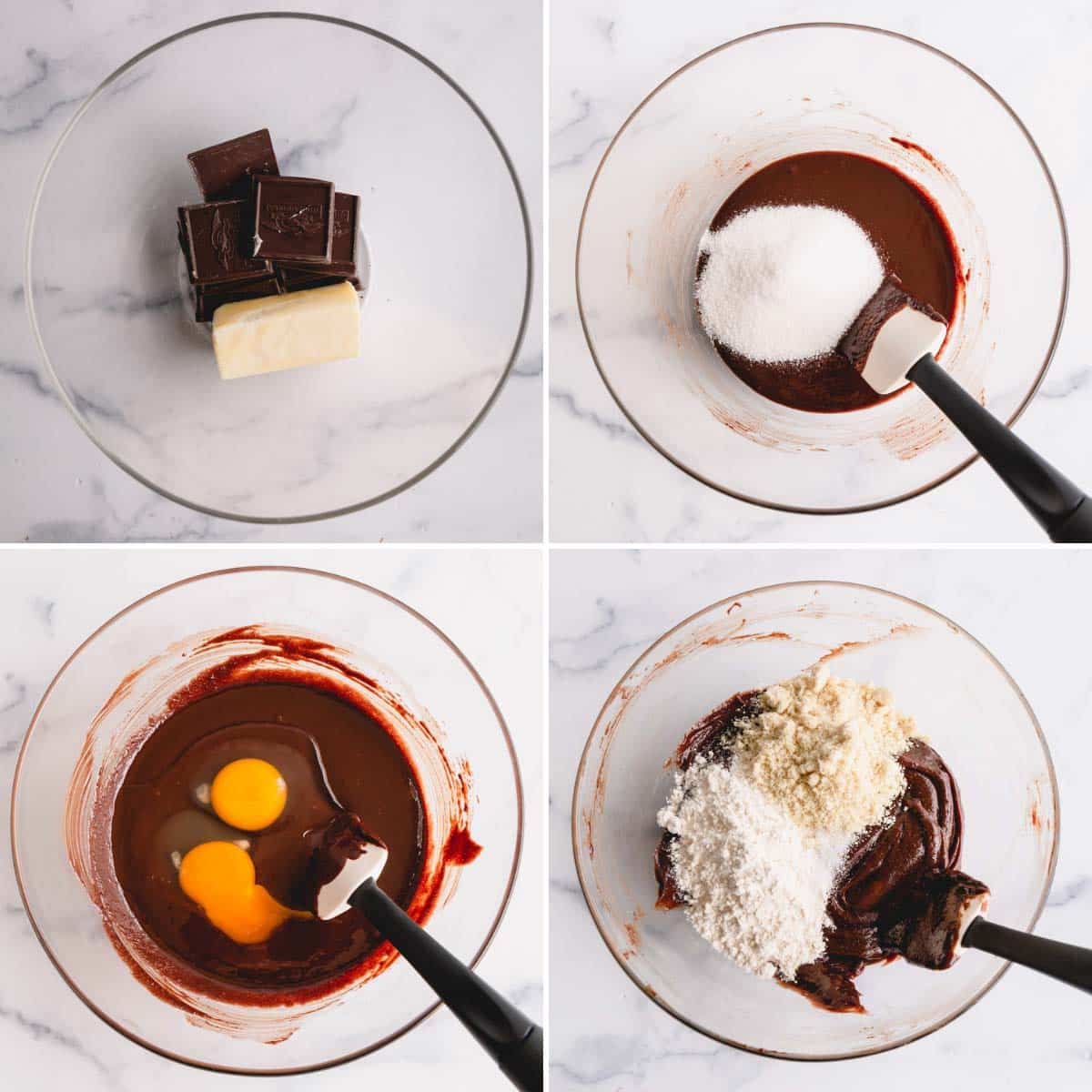 Step by step photos of making brownie batter in a bowl with spatula.