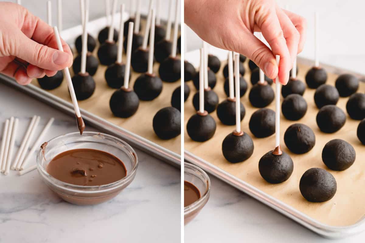 hand adding sticks to cake pop balls.