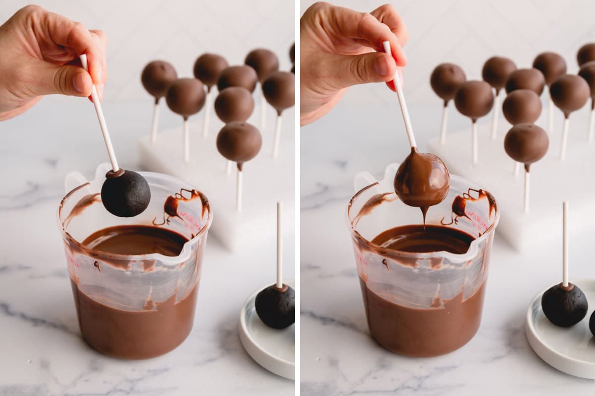 hand dipping cake pops into melted chocolate.
