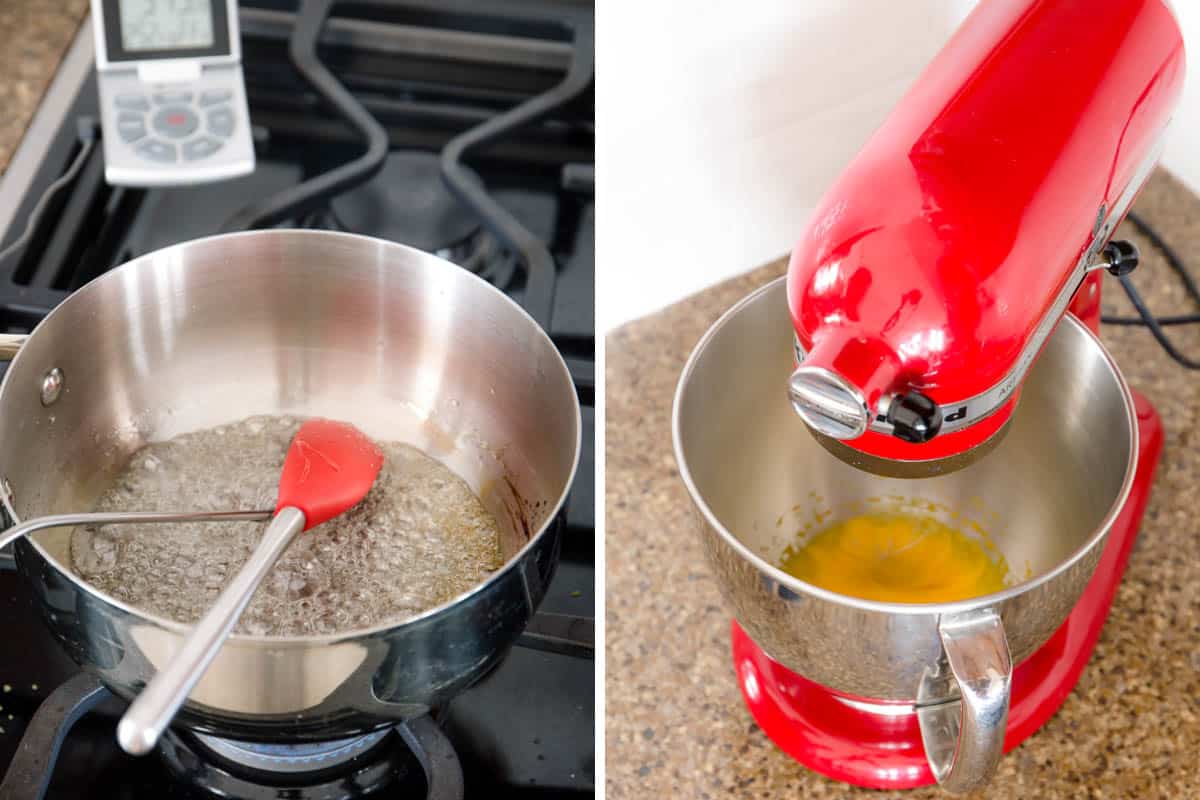 sugar syrup in pan, egg yolks in mixer.