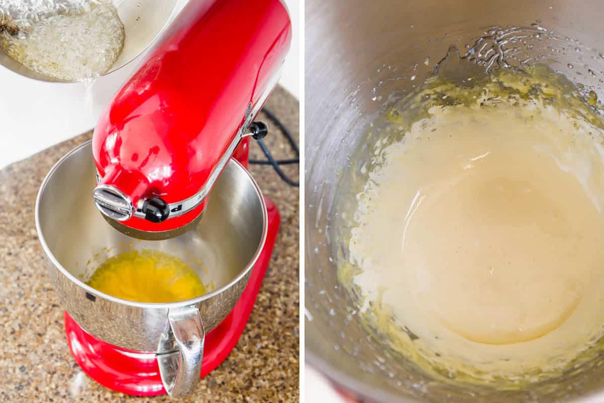 egg yolks in mixer, whipped egg yolks in mixer.