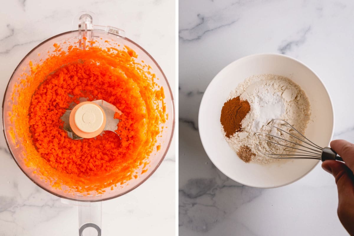 a food processor with grated carrots, a bowl with flour and spices.