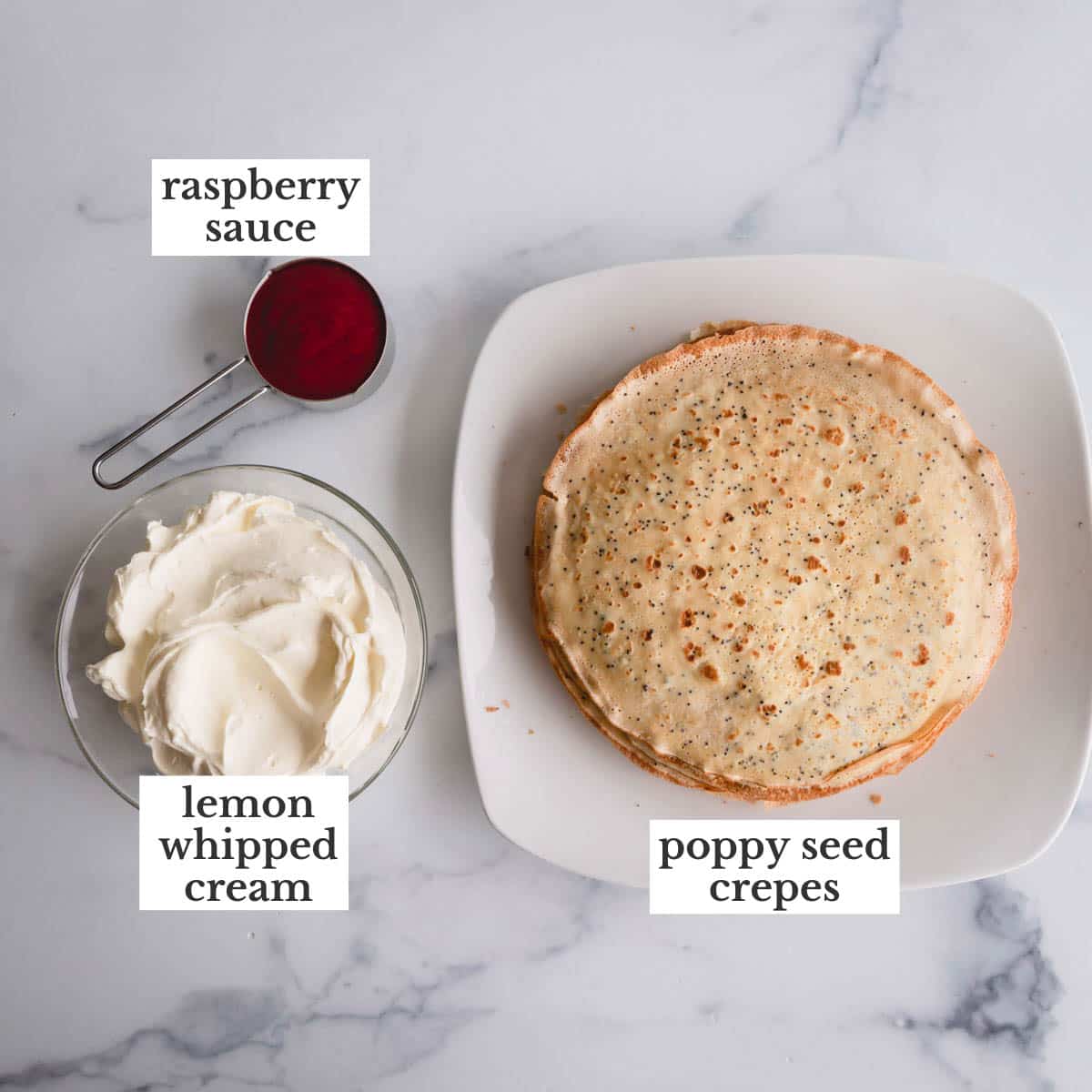 Lemon raspberry crepe cake ingredients: crepes, lemon curd filling, and raspberry sauce.