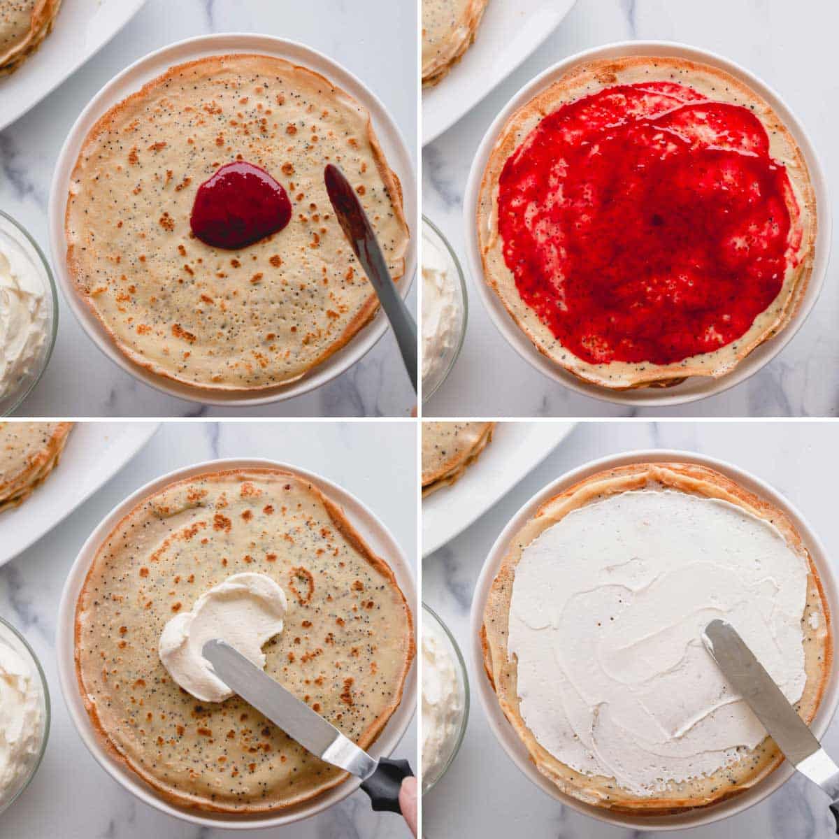 Step by step photos of assembling the crepe cake.