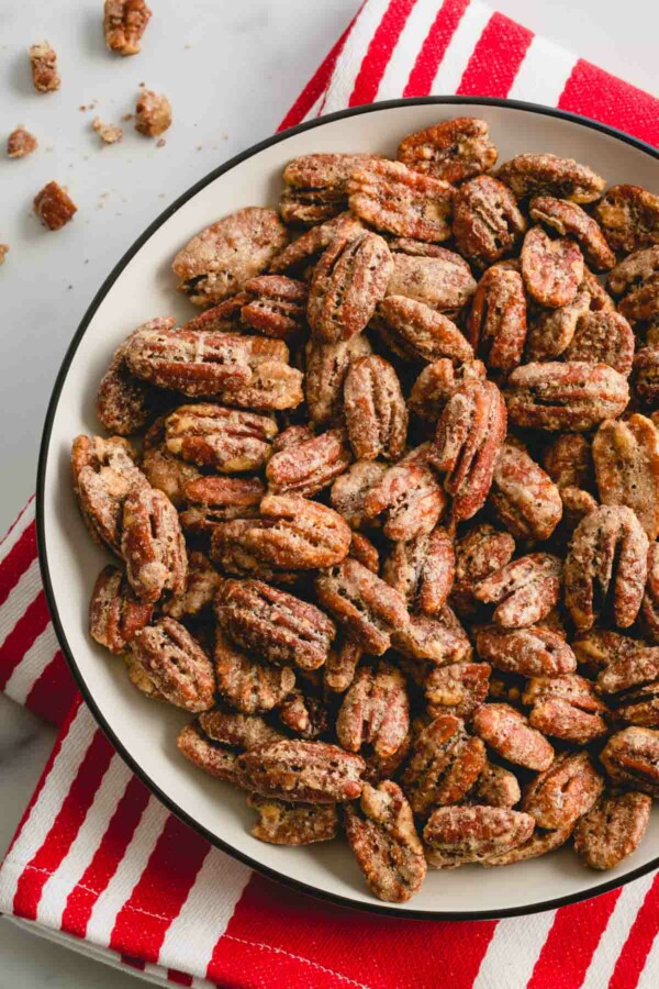 a bowl of candied pecans.