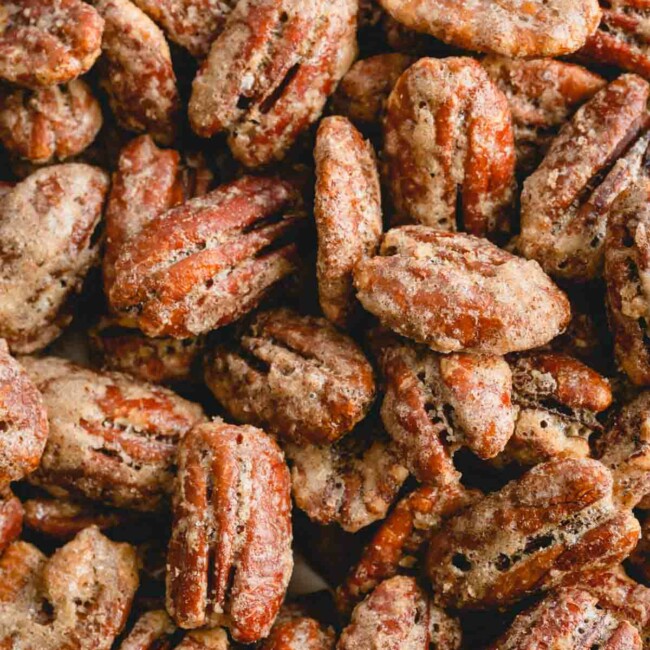 close up of candied pecans.