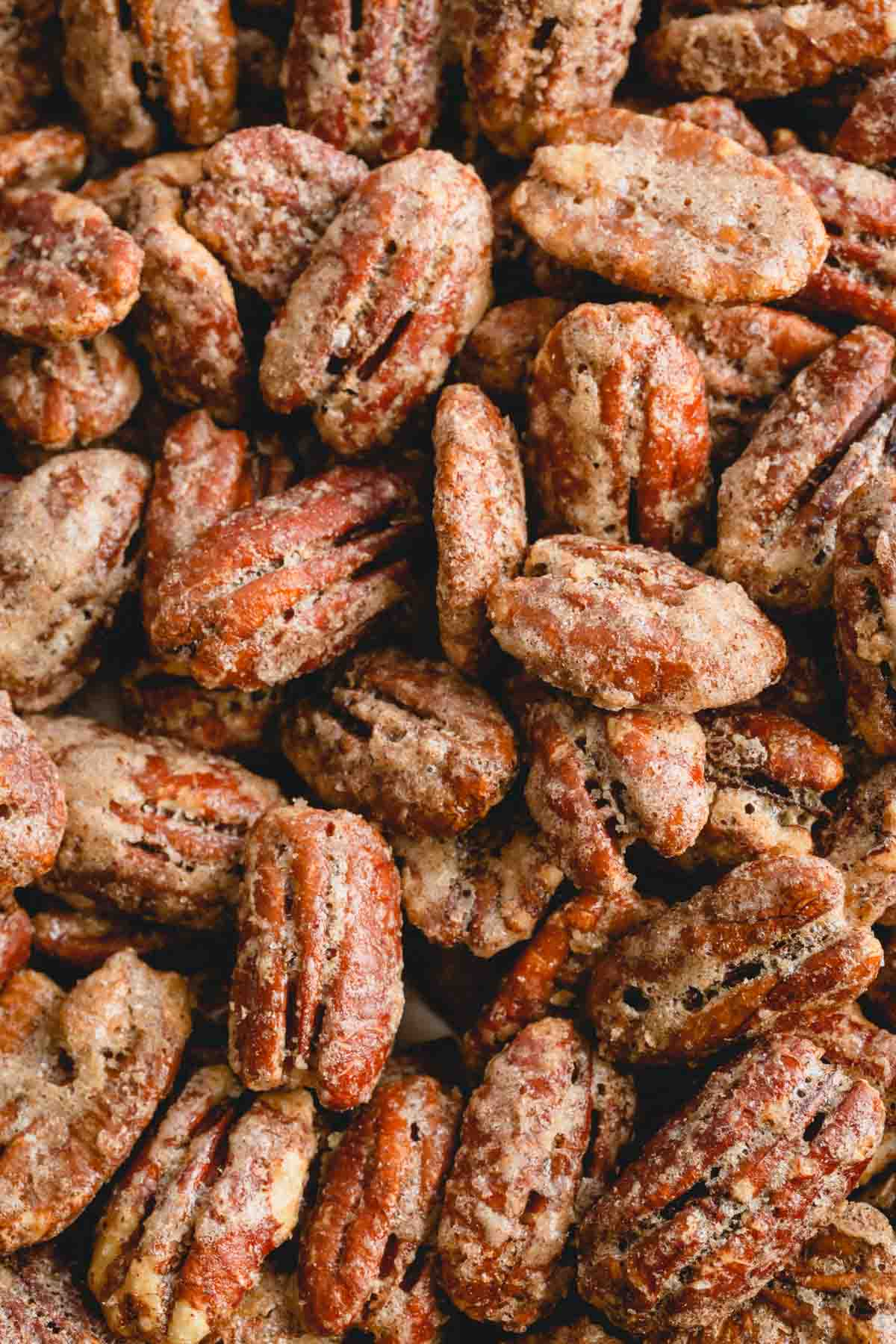 close up of candied pecans. 