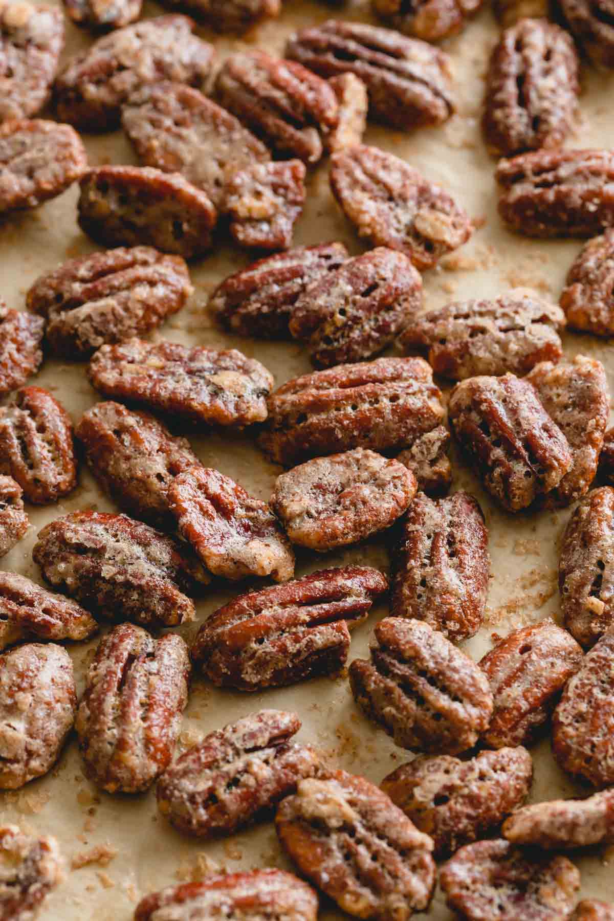 candied pecans on a sheet pan. 