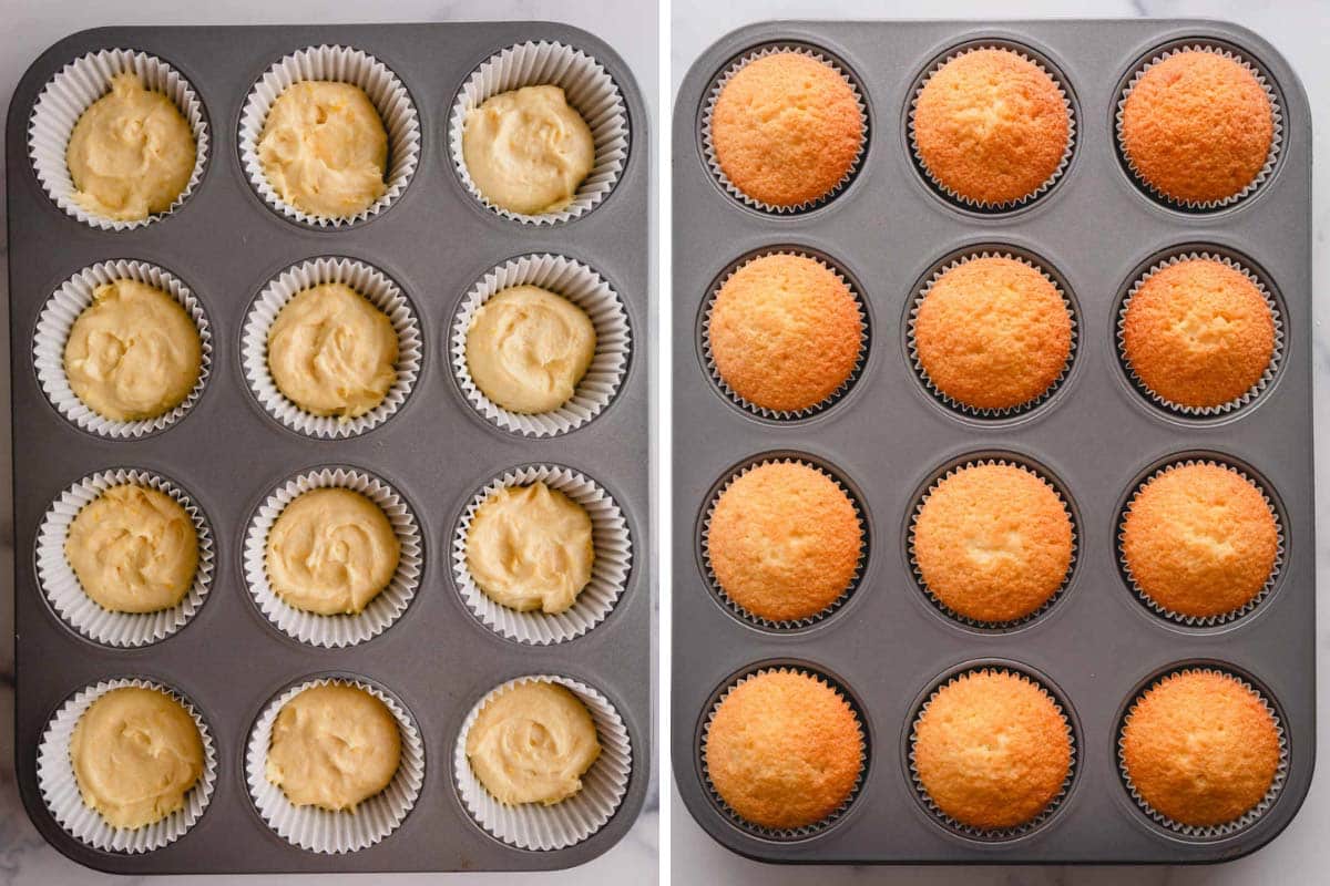 Side-by-side images of cupcake batter divided into a muffin pan.