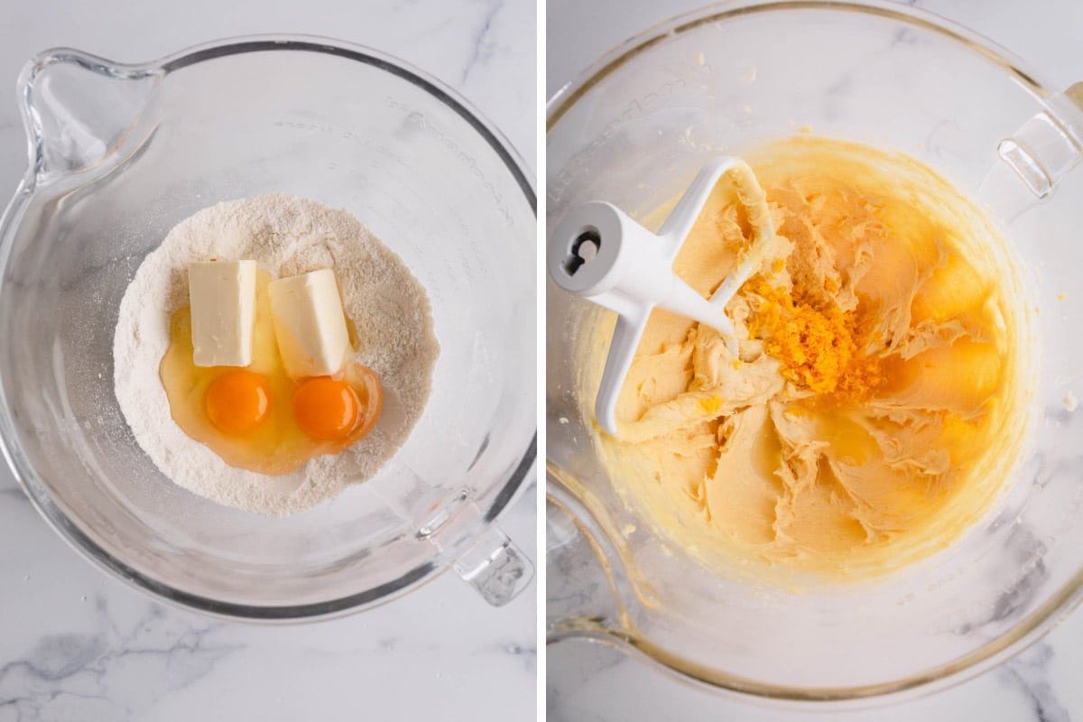 Side-by-side images of making cupcake batter.
