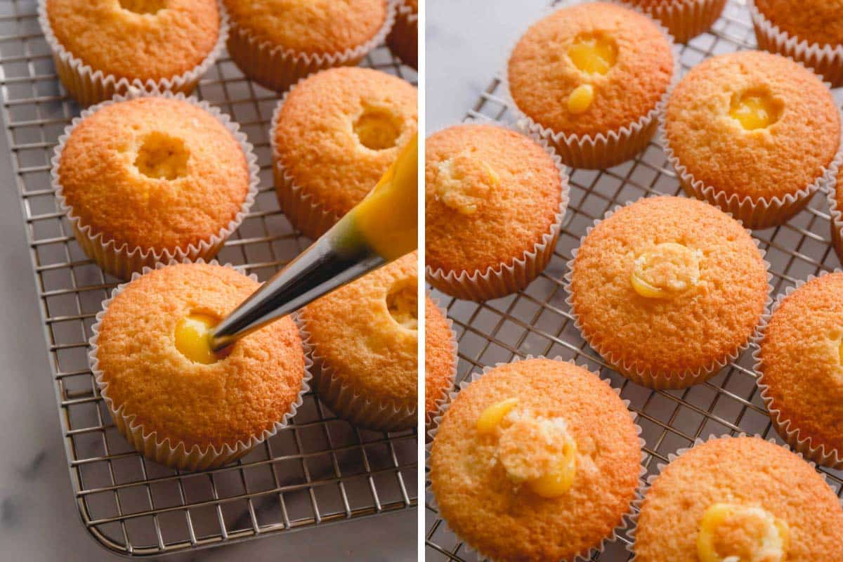 piping lemon curd into lemon cupcakes.