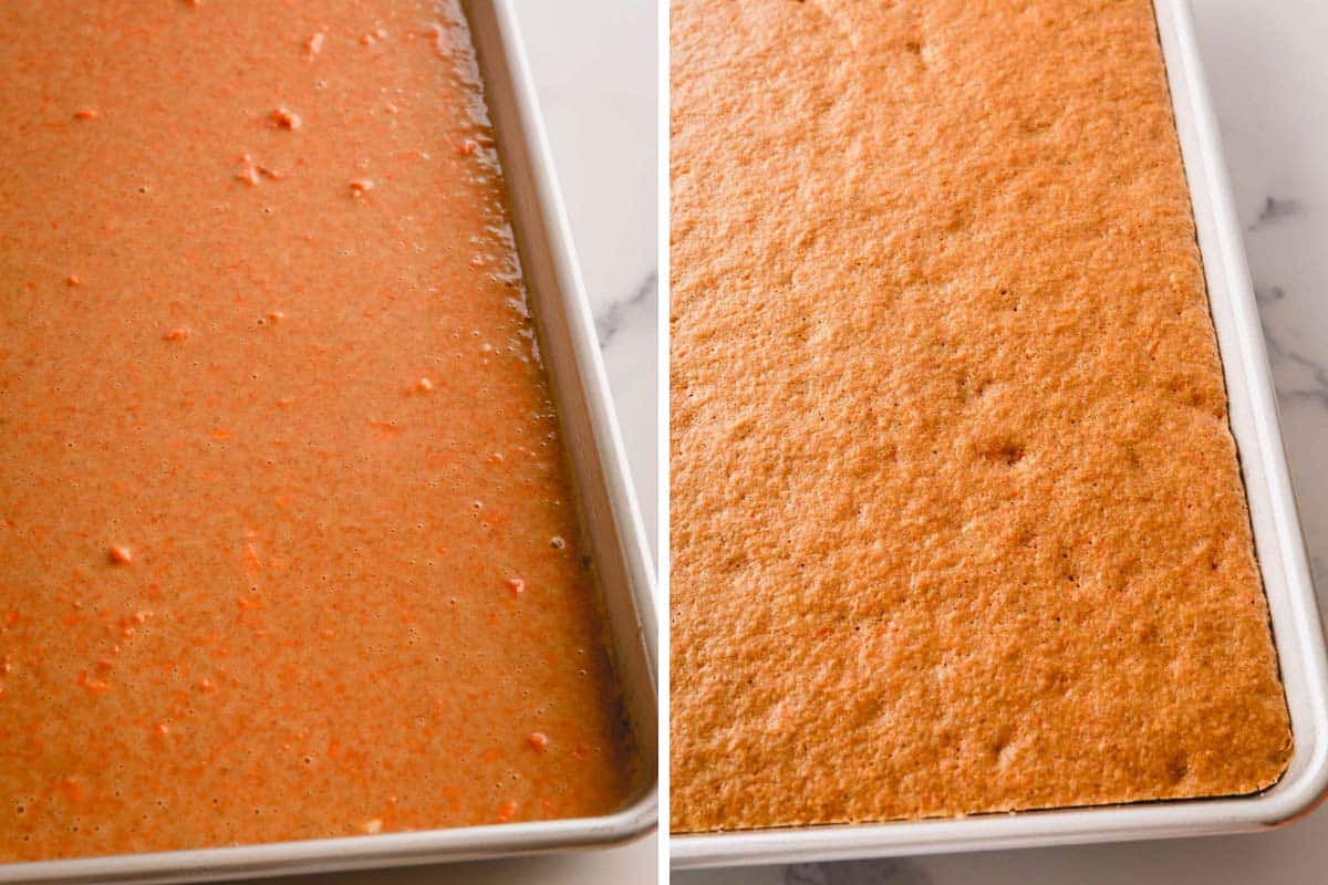 cake batter in a sheet pan, baked carrot cake in a sheet pan. 