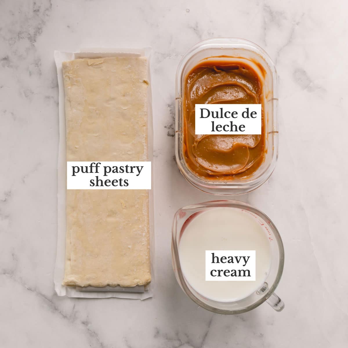 Ingredients for puff pastry Napoleon cake: puff pastry sheet, dulce de leche, heavy cream.