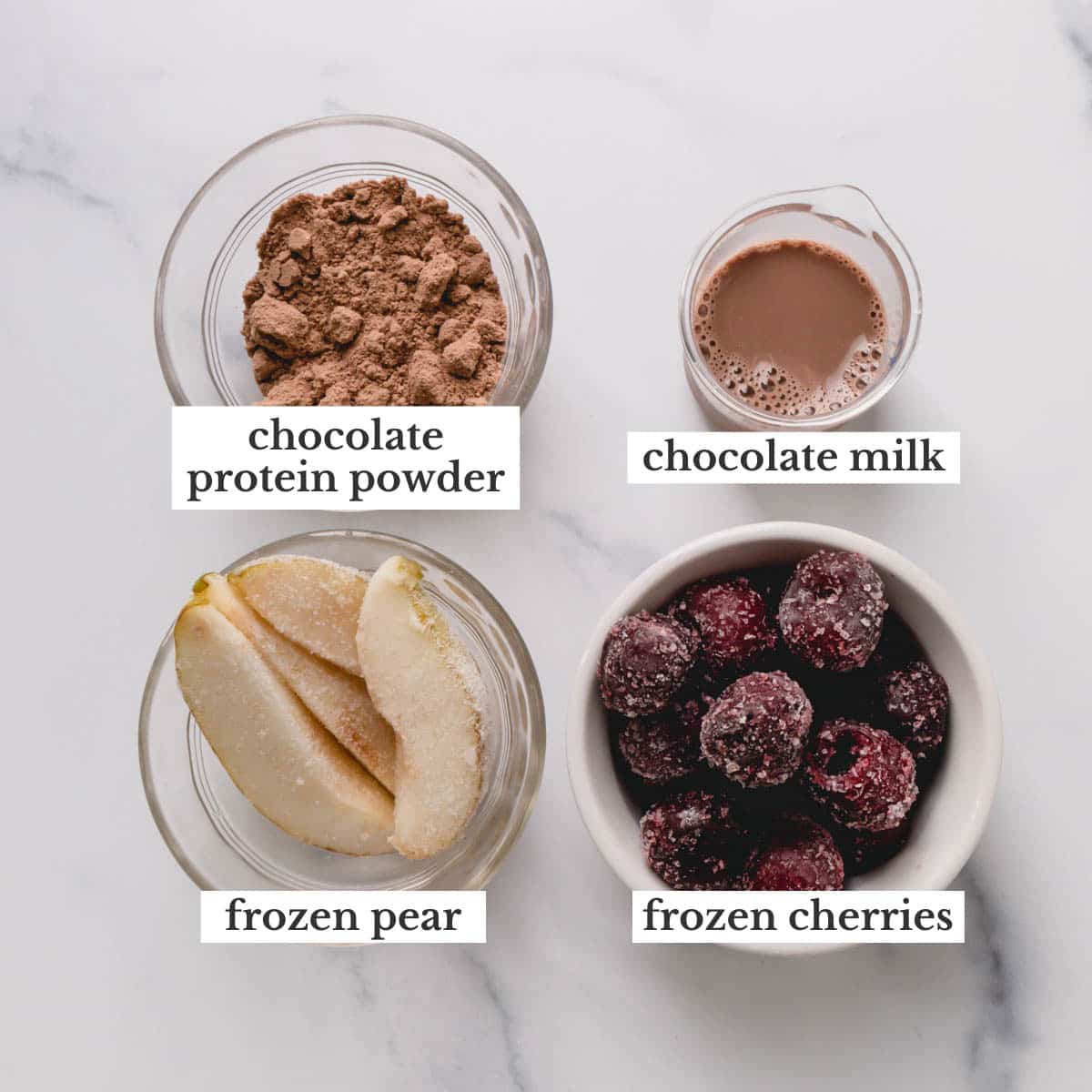 chocolate protein powder, chocolate milk, pear, and cherries.