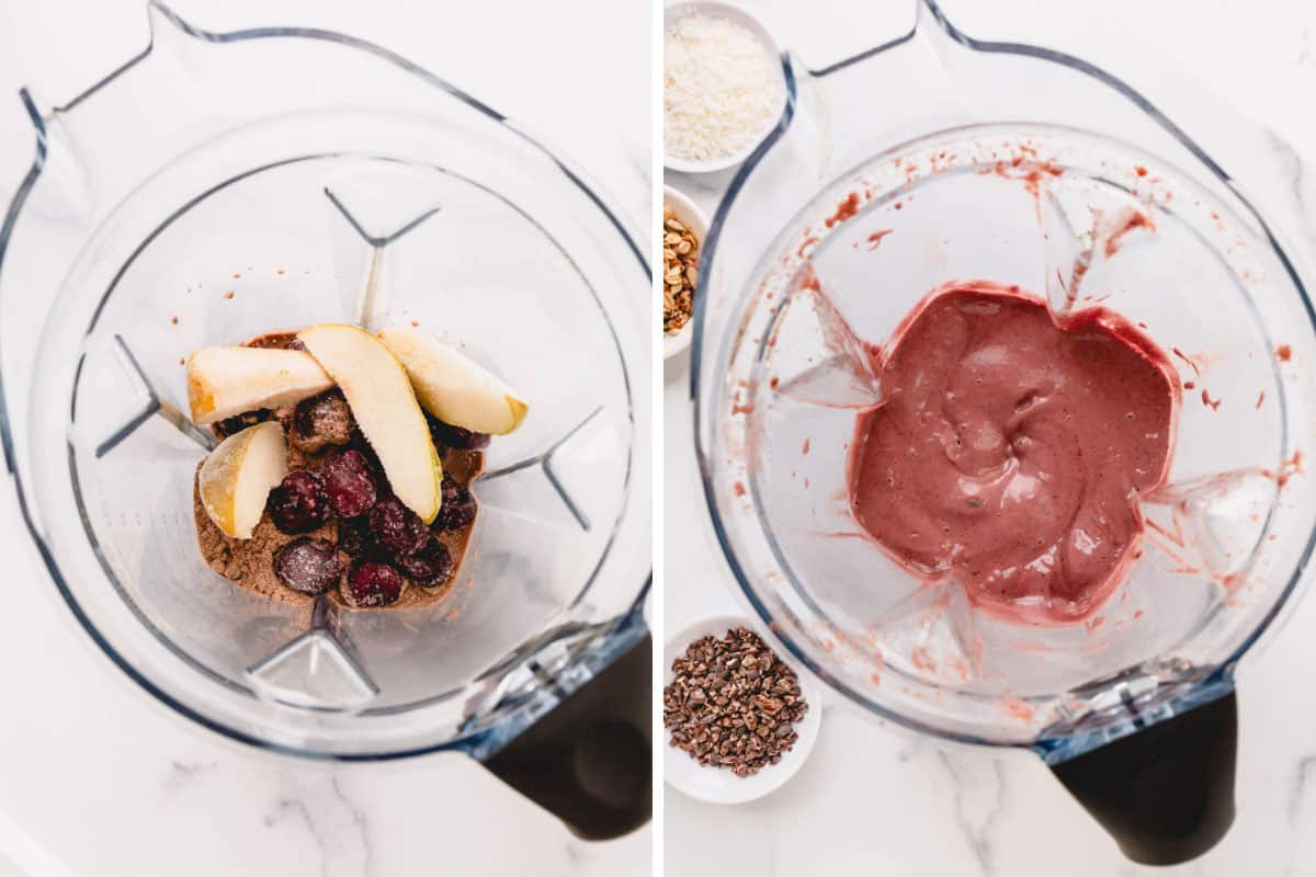 pear, cherries, and protein powder in a blender, chocolate cherry smoothie.