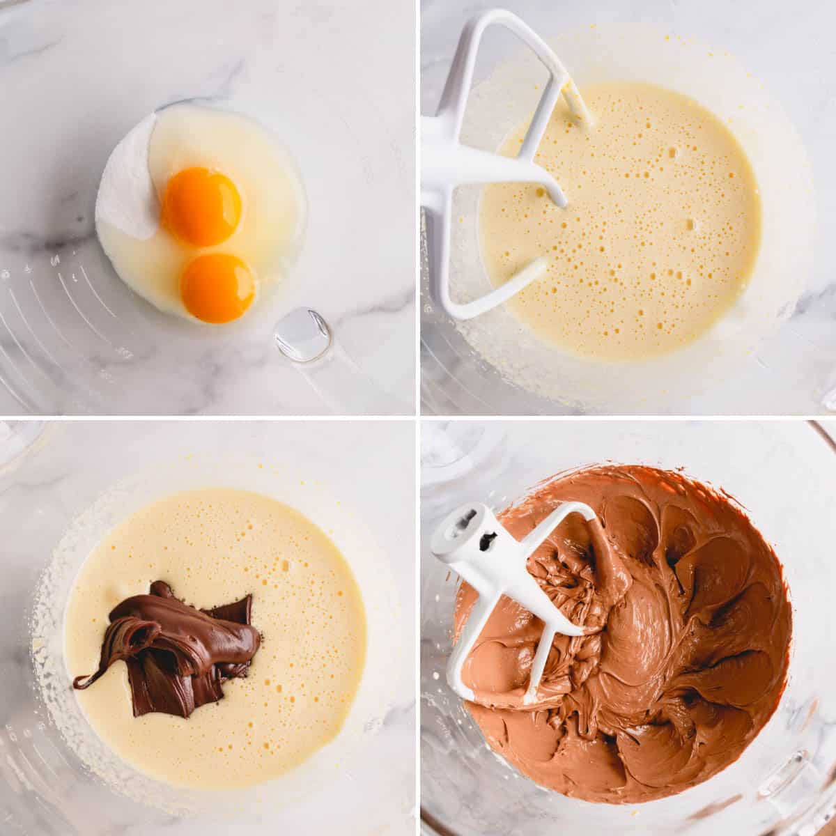 whipped eggs in bowl with melted chocolate. 