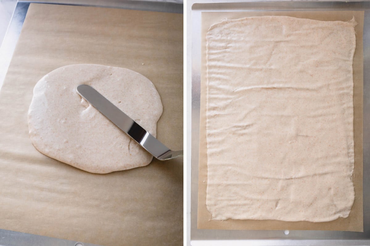 sourdough cracker dough on sheet pan. 