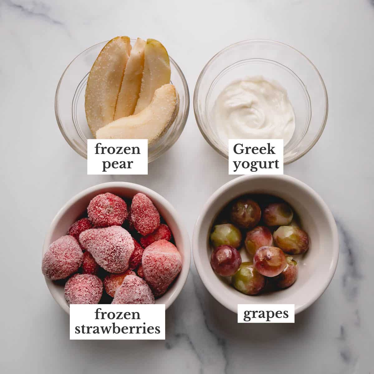 frozen pear, frozen strawberries, grapes, and yogurt. 