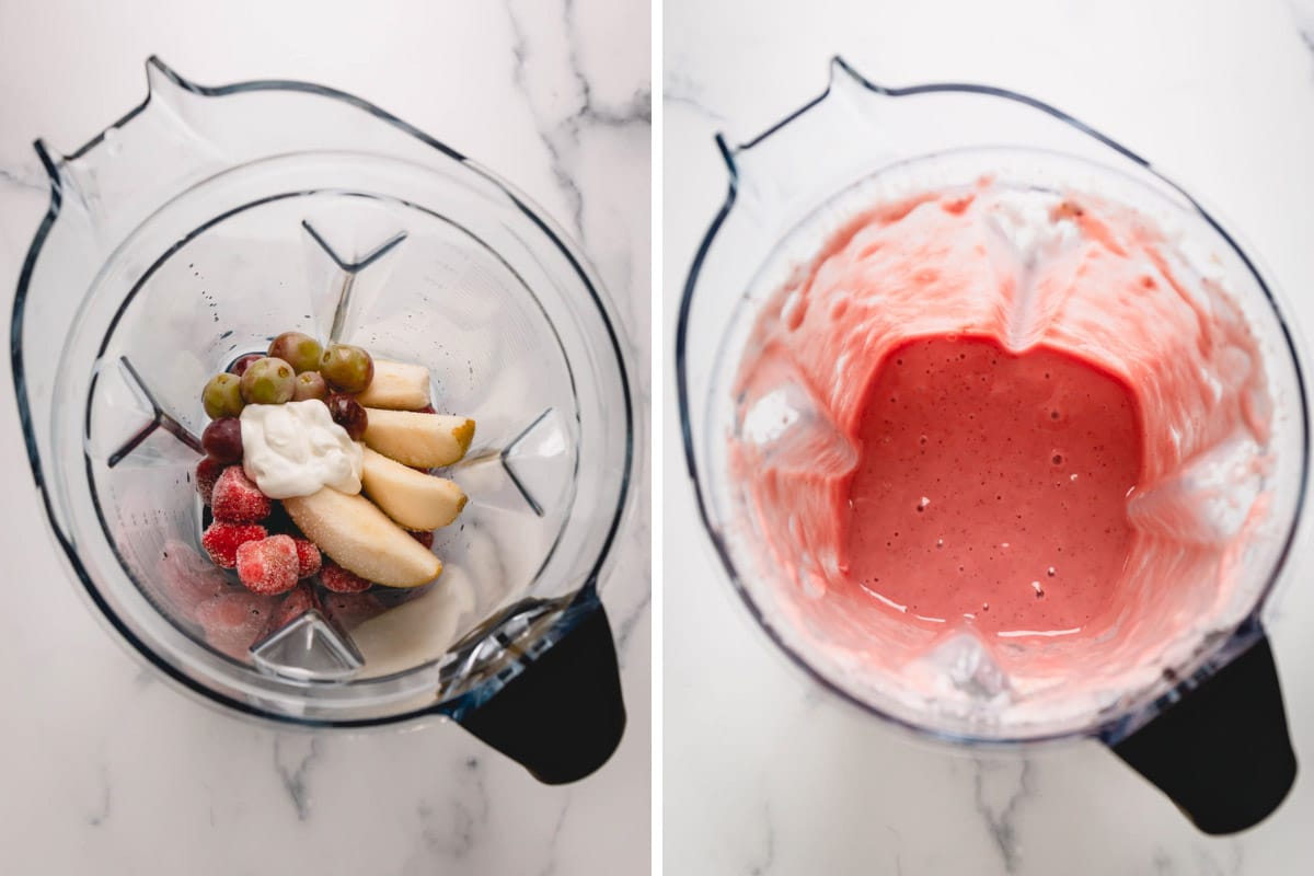 grapes, pear, greek yogurt, and strawberries in a blender. 
