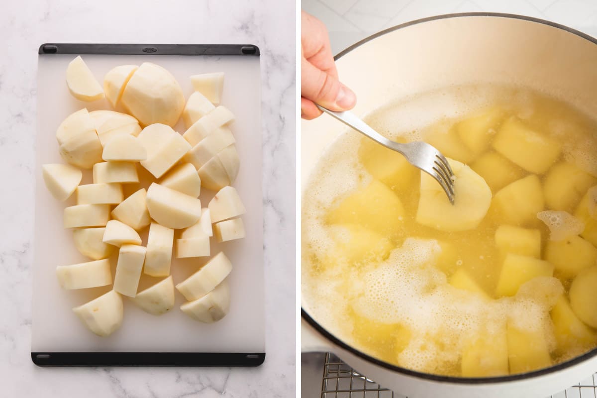 Two images showing the process of boiling peeled and sliced potatoes.