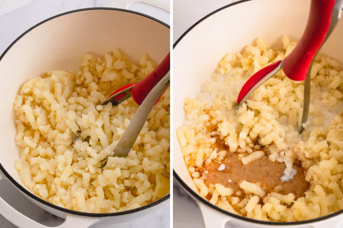 Two images showing the process of mashing boiled potatoes with brown butter and milk.