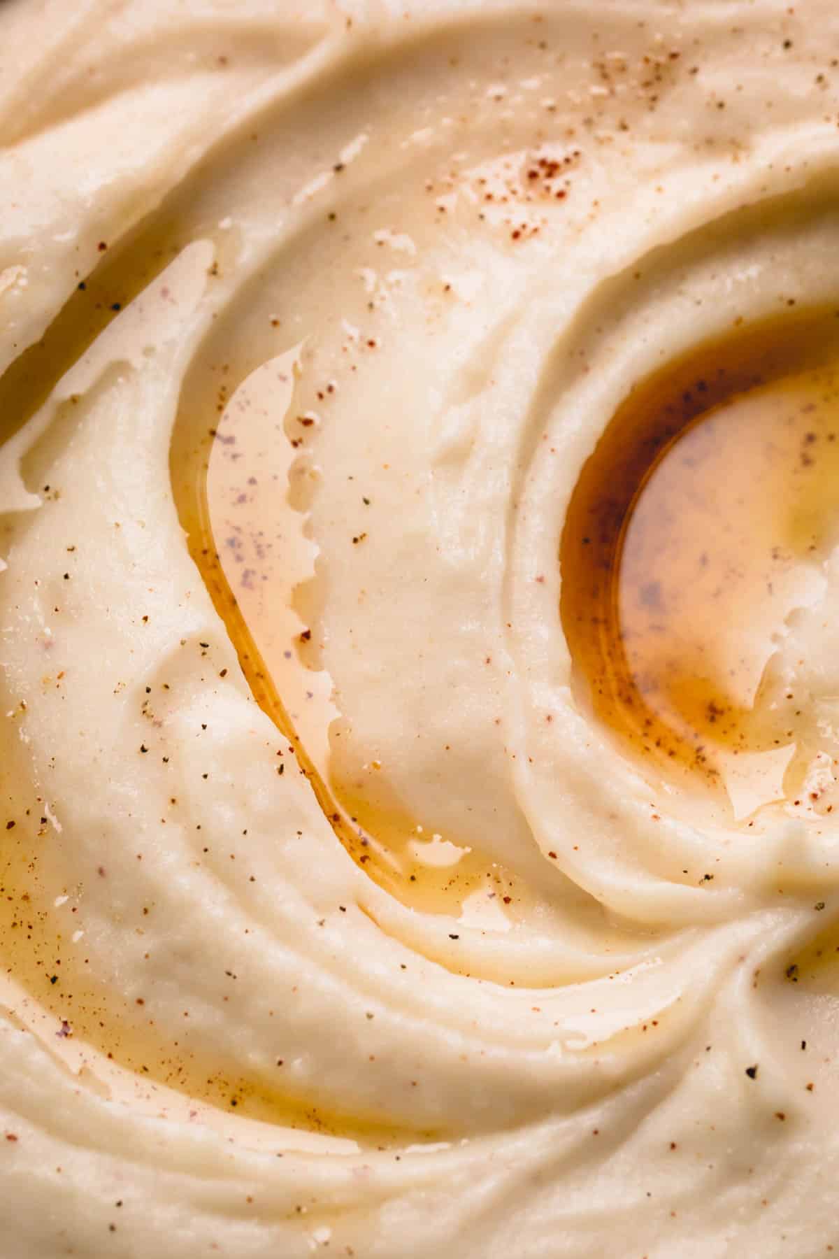 Close up image of creamy brown butter mashed potatoes.
