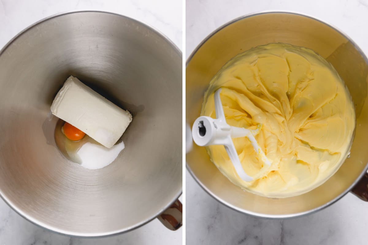 Two images showing an egg and a stick of butter in a stand mixer on the left and the ingredients blended on the right.