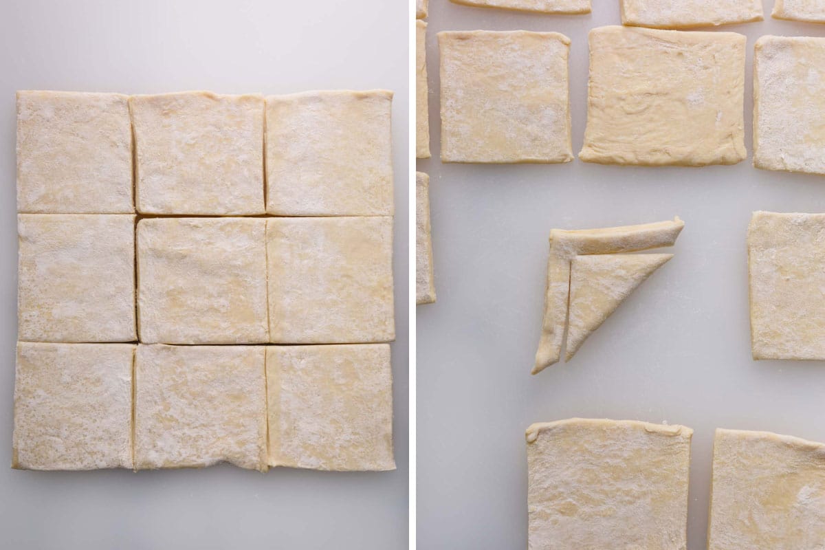 Two images showing the process of cutting and folding puff pastry sheets to make cherry danishes.