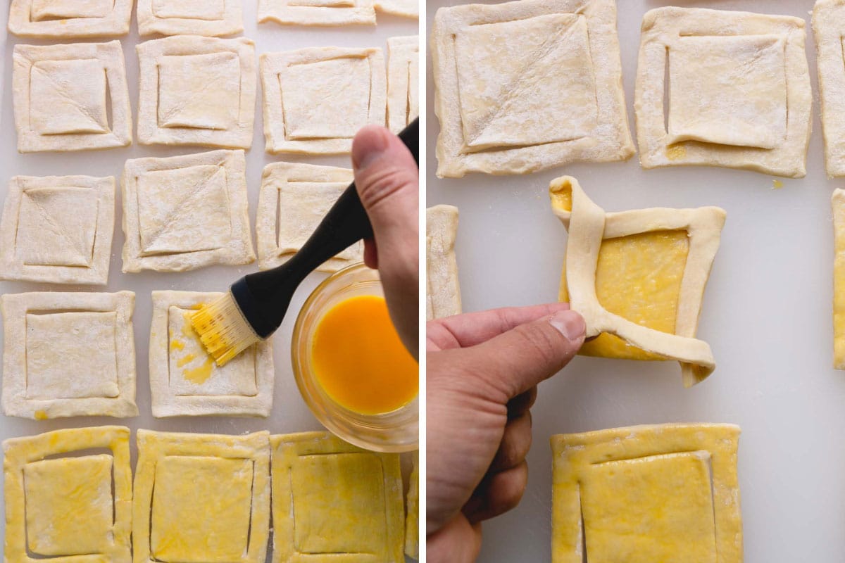 Two images showing folded puff pastry dough being brushed with egg wash.