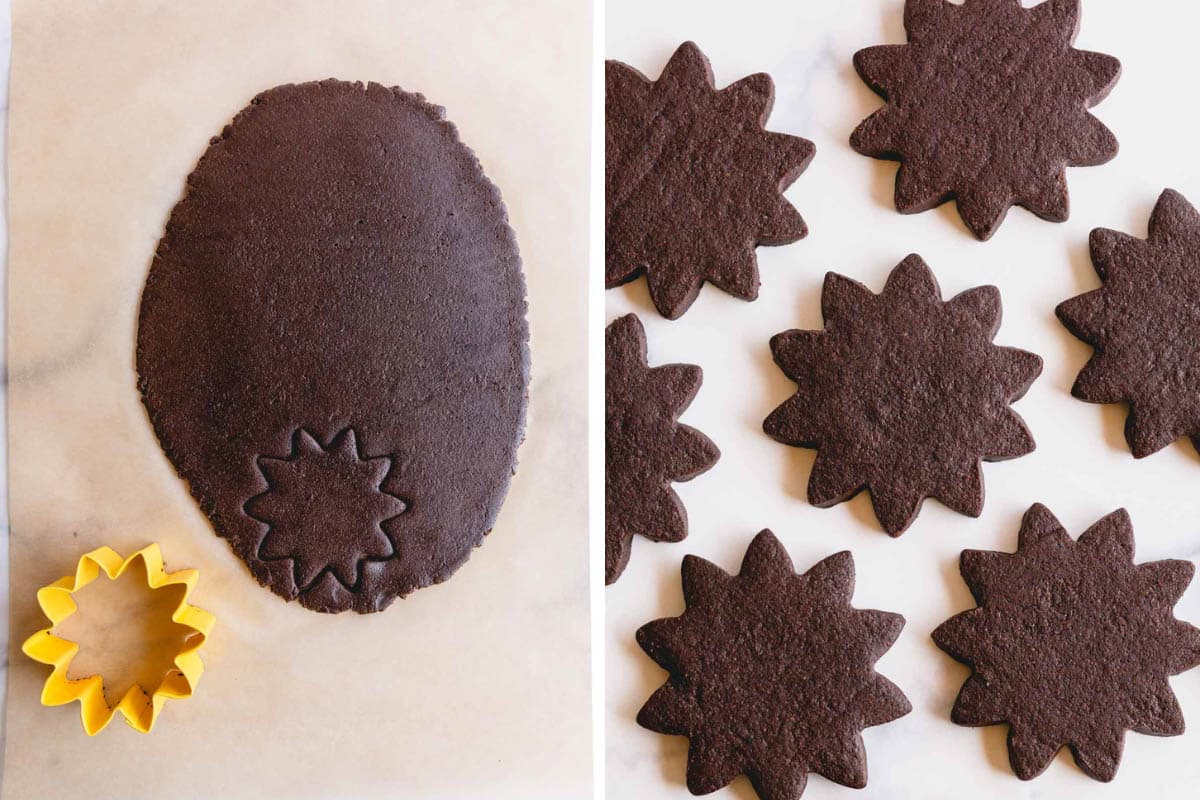 rolled out chocolate cookie dough, chocolate star cookies. 