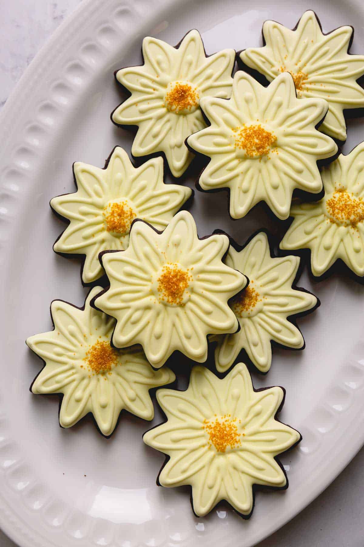 sunflower decorated chocolate cookies. 