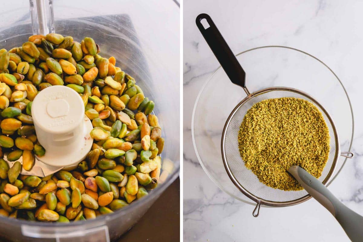 Pistachios in a food processor on the left and pistachio flour being sifted through a sieve on the right.