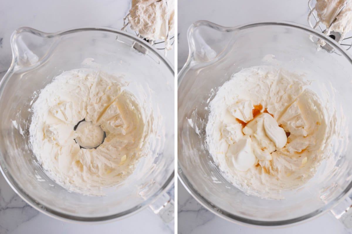Side by side images of making homemade whipped cream with a electirc hand mixer.