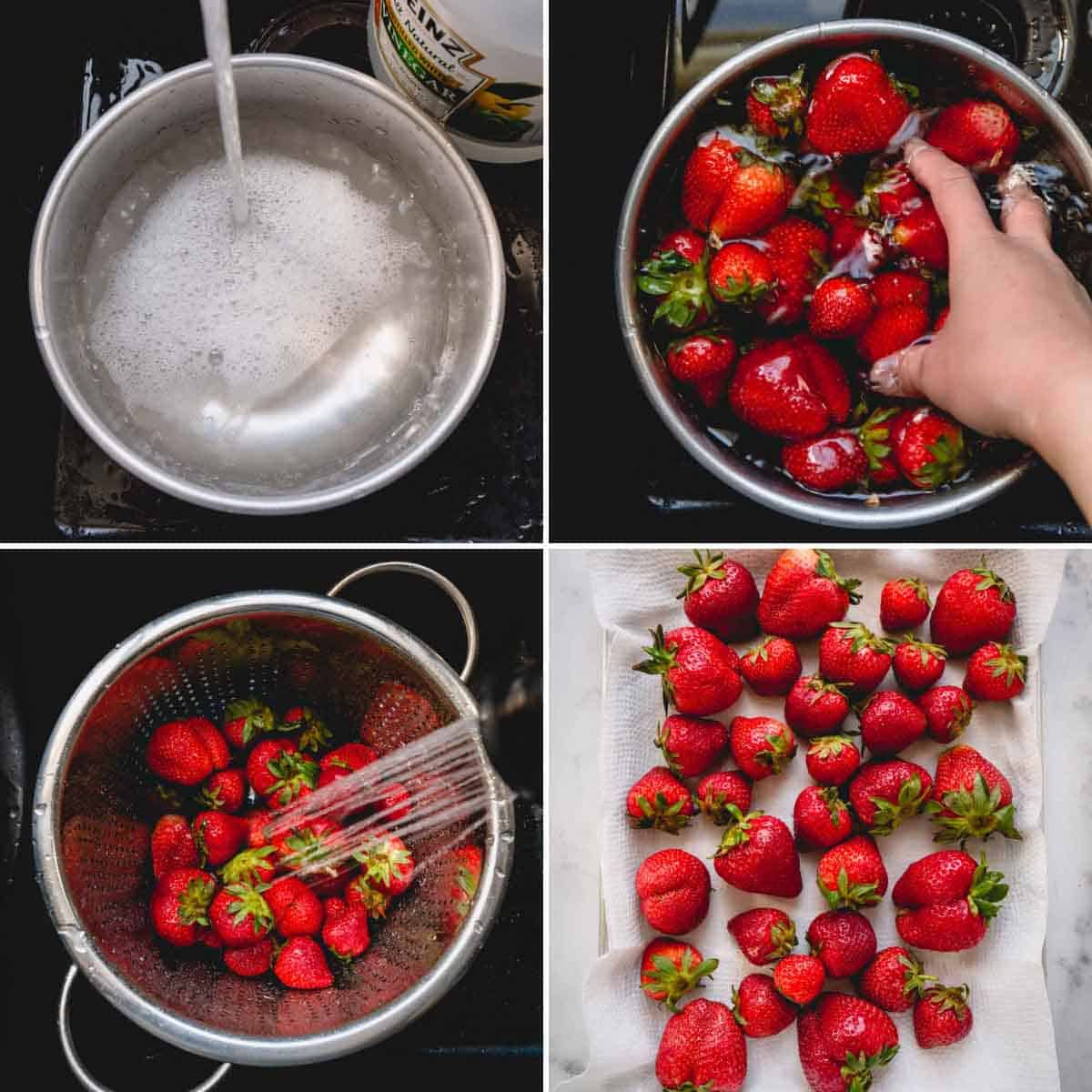 Four images showing the process of how to clean strawberries with water and vinegar, rinse them off, and dry them on a paper towel.