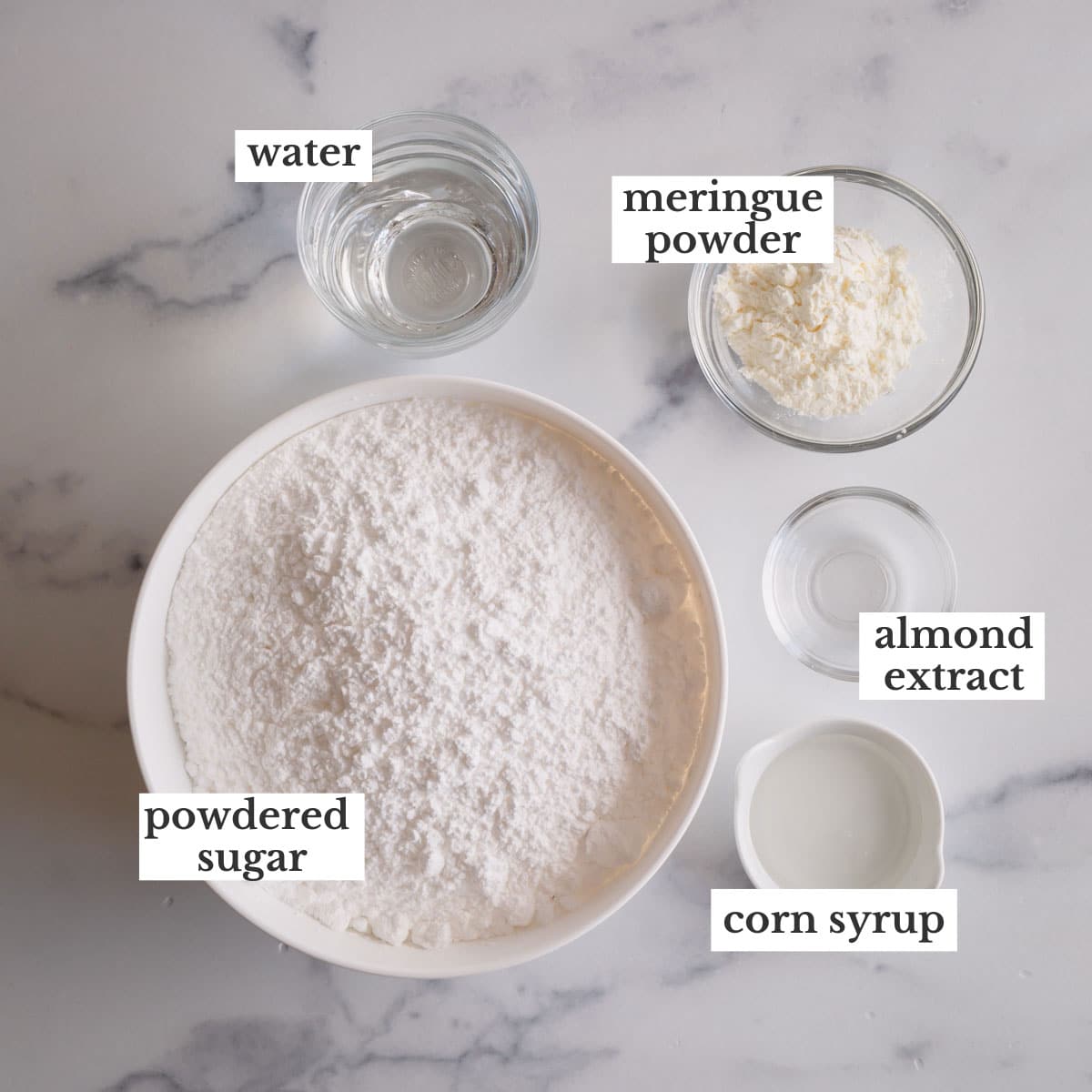 water, powdered sugar, meringue powder, corn syrup, almond extract.