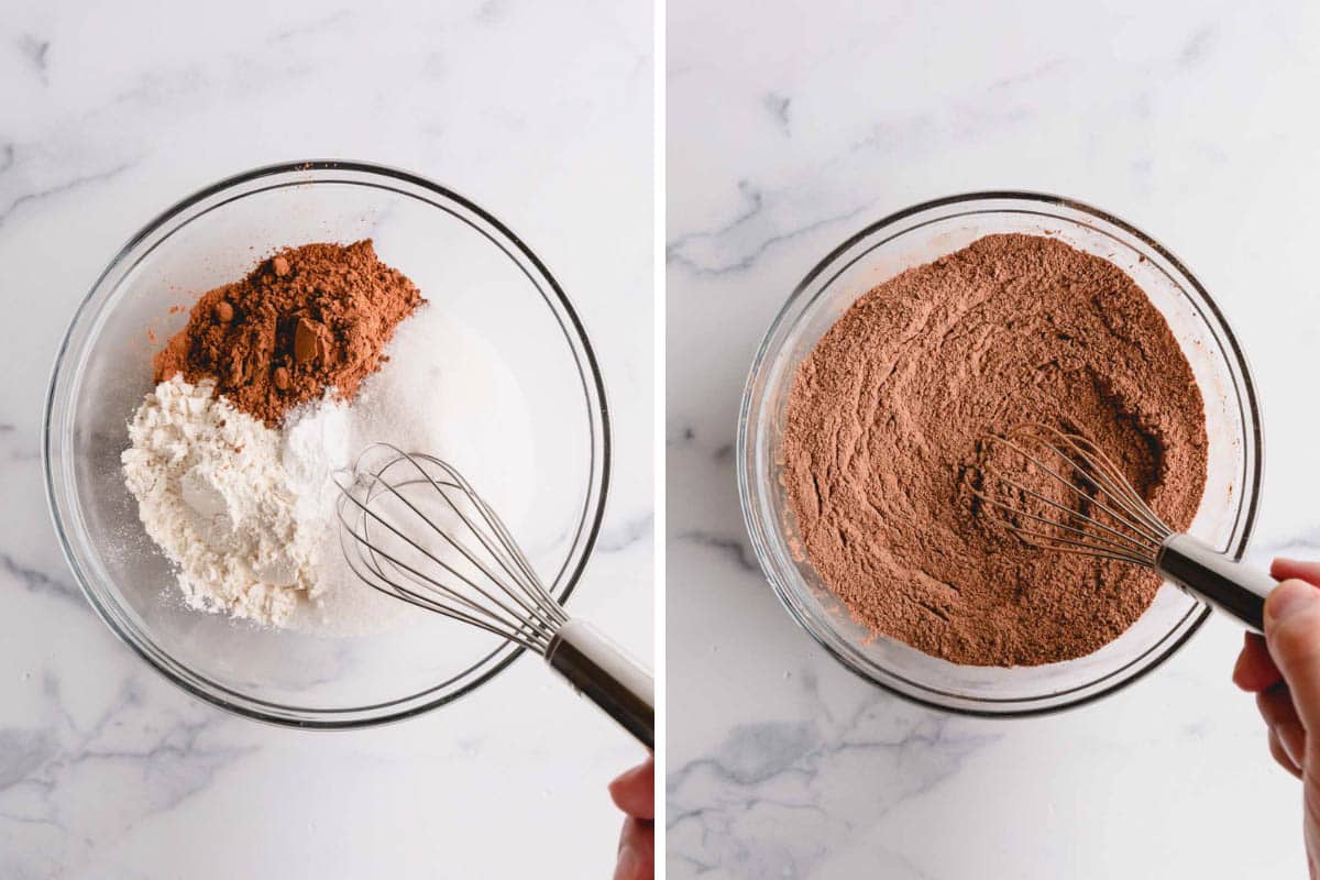 Two images showing the dry ingredients for strawberry chocolate cupcakes being mixed in a large bowl.