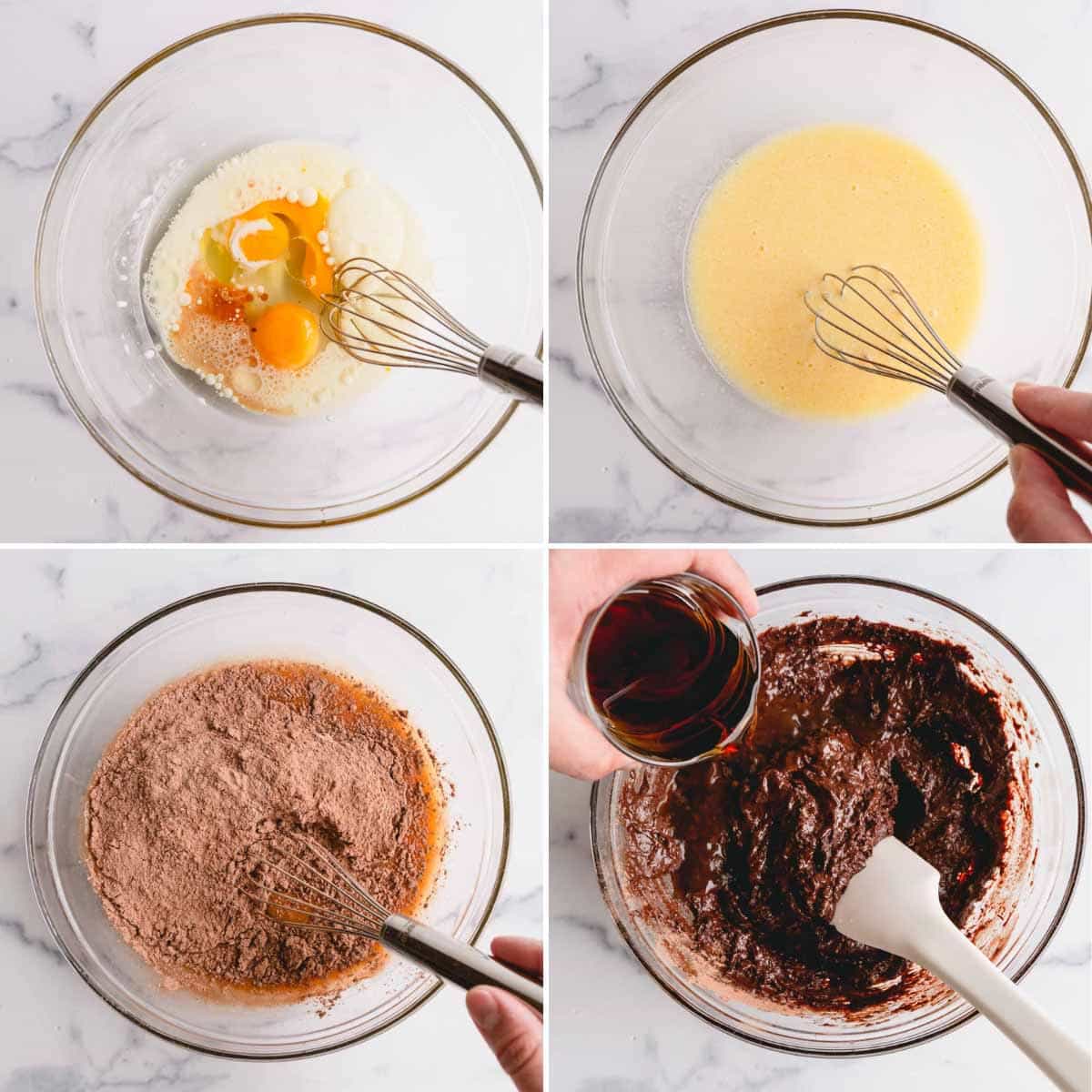 Four images showing the process of mixing wet and dry ingredients to form strawberry chocolate cupcake batter.