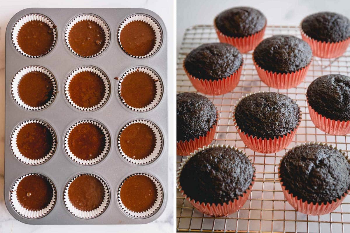 Two images showing raw strawberry chocolate cupcakes in a pan and baked cupcakes on a wire rack.