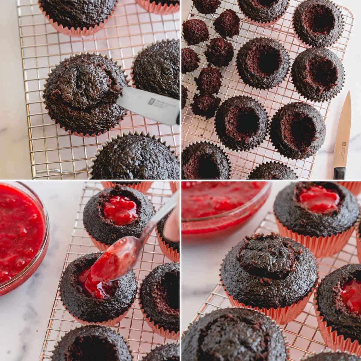 Four images showing chocolate cupcakes being filled with strawberry jam in the center.